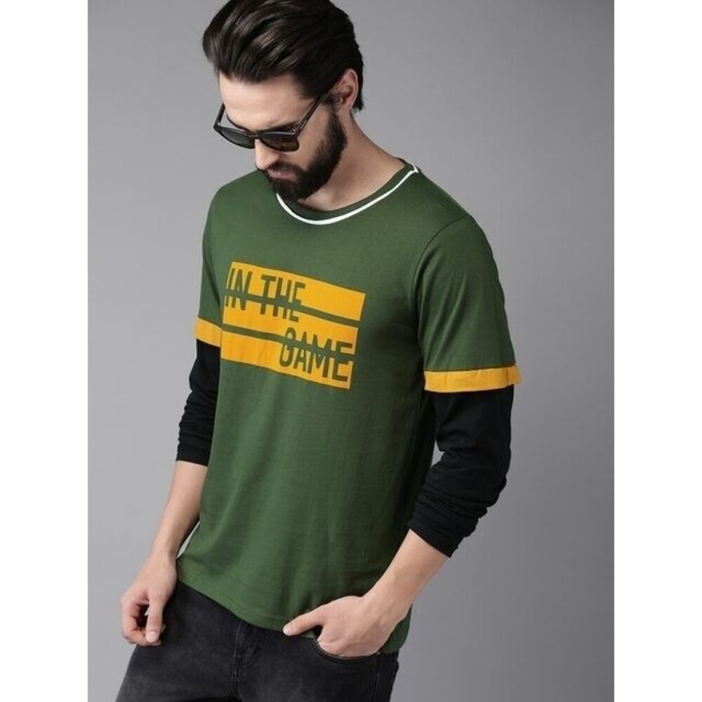 Moda Rapido Men Olive Green Printed Round Neck Pure Cotton T-Shirt Size XL